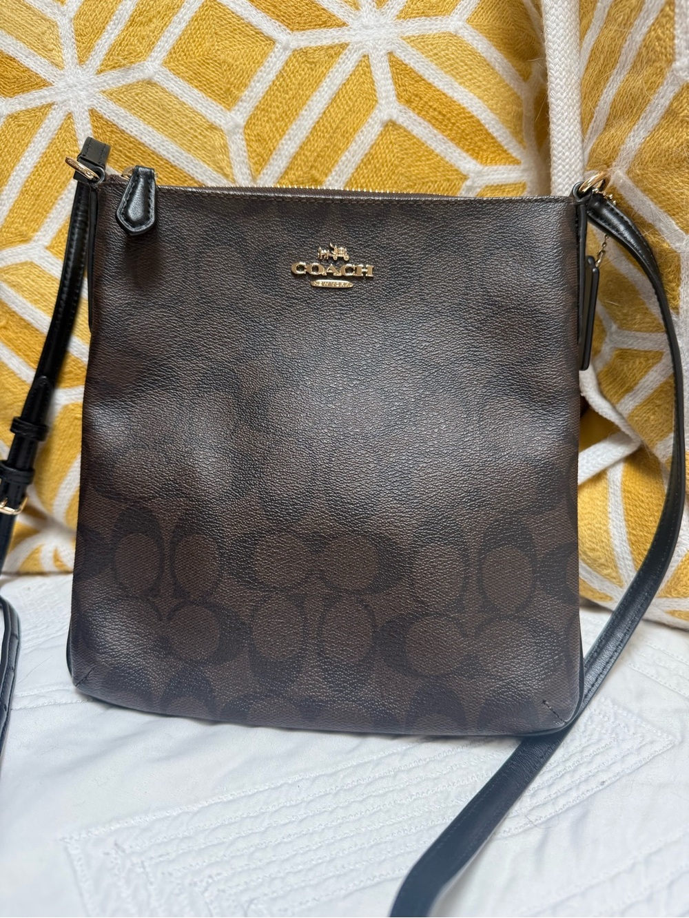Coach Dark Brown Signature Leather Crossbody with Gold Logo